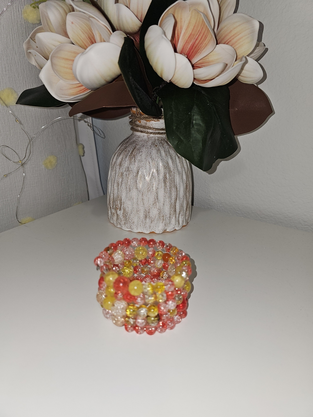 Handmade Beaded Coil Bracelet in Coral, Yellow & Clear